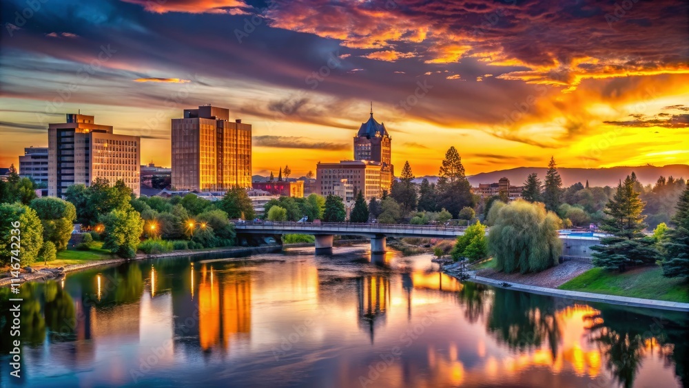 Naklejka premium Capture Spokane's vibrant summer sunset, silhouetting the city skyline along the river.