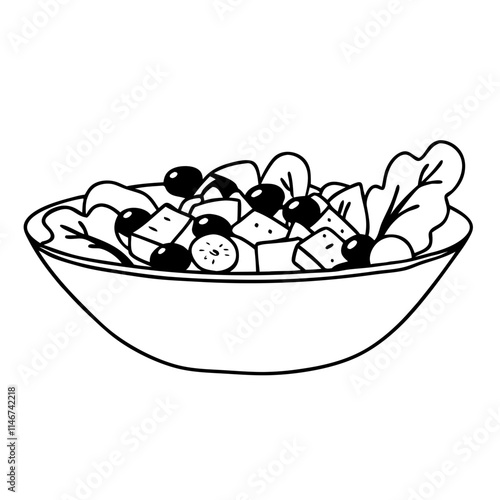  Black and White Vector of Greek Salad with Fresh Vegetables and Feta Cheese
