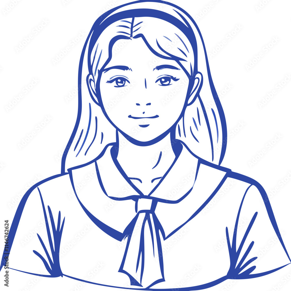 Vector Illustration Smiling Girl in Sailor Uniform Blue Line Art Vector Illustration Smiling Girl in Sailor Uniform Blue Line Art