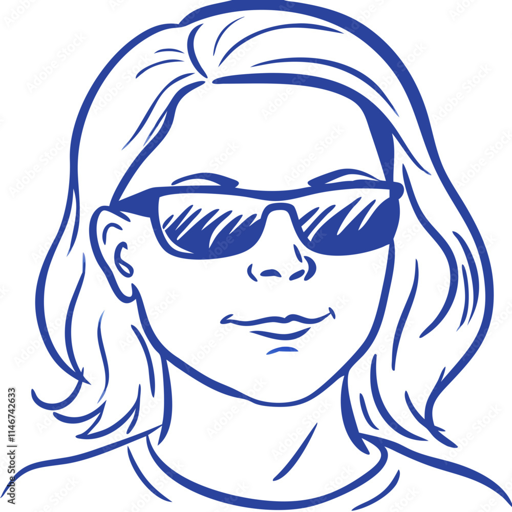 Cool Vector Portrait of Woman with Sunglasses and Wavy Hair in Blue Outline Art Cool Vector Portrait of Woman with Sunglasses and Wavy Hair in Blue Outline Art
