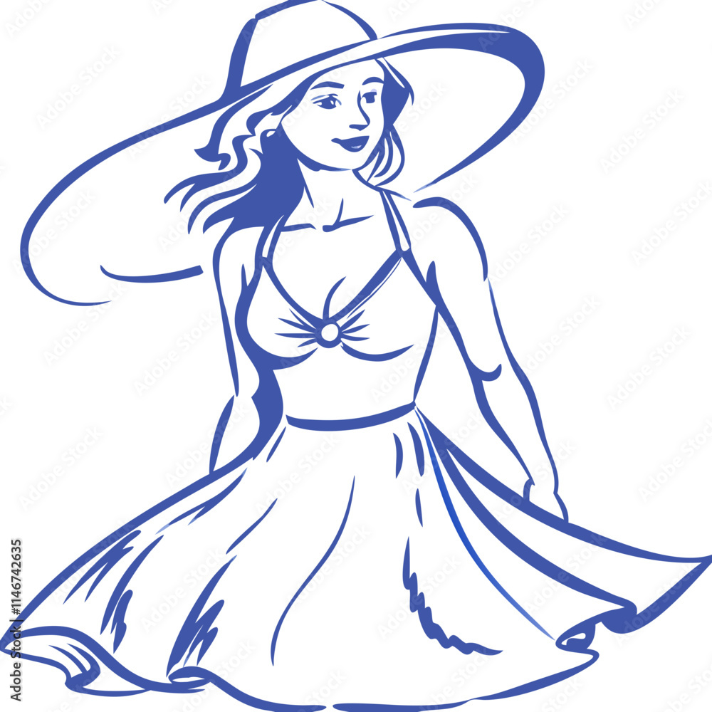 Fototapeta premium Elegant Woman in Summer Dress and Wide Brim Hat Vector Illustration