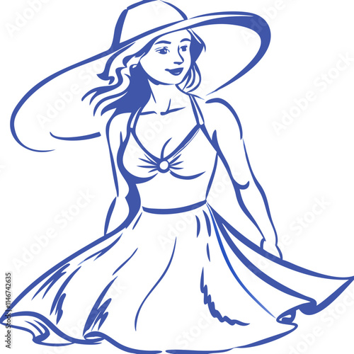  Elegant Woman in Summer Dress and Wide Brim Hat Vector Illustration