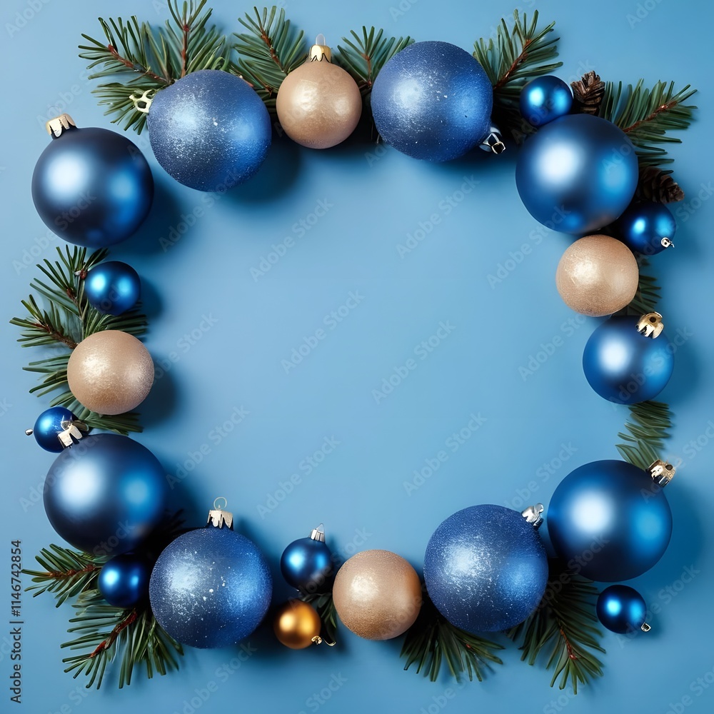 Blue and Gold Christmas Ornament Frame with Pine Branches, Festive Holiday Border Design with Blue and Gold Baubles, Elegant Christmas Wreath Arrangement with Blue and Gold Decorations Blue and Gold Christmas Ornament Frame with Pine Branches, Festive Holiday Border Design with Blue and Gold Baubles, Elegant Christmas Wreath Arrangement with Blue and Gold Decorations