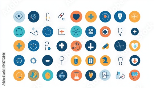 Set 200 health and medical icons including flat designs for healthcare, ideal for use in modern stock imagery