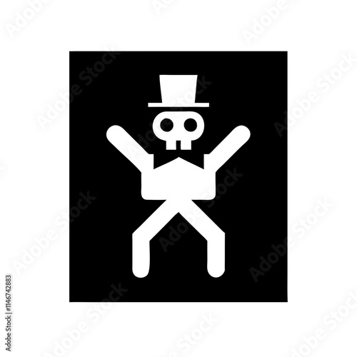  Vector Illustration Skull Figure with Top Hat and Arms Raised on Black Background