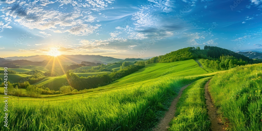 Fototapeta premium path through a green tall grass field hill and blue sky sunlight panorama horizon landscape morning at dawn