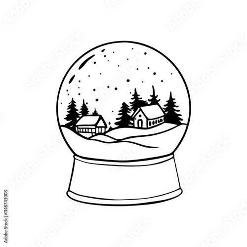  Black and White Winter Village Scene Inside Snow Globe Vector Illustration