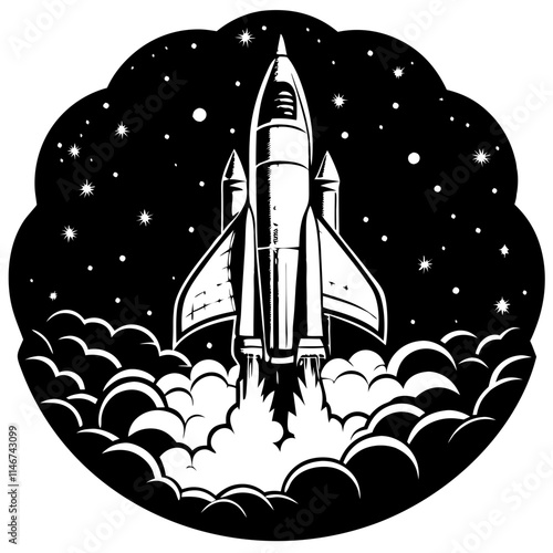  Vintage Space Shuttle Launch Vector with Stars and Clouds