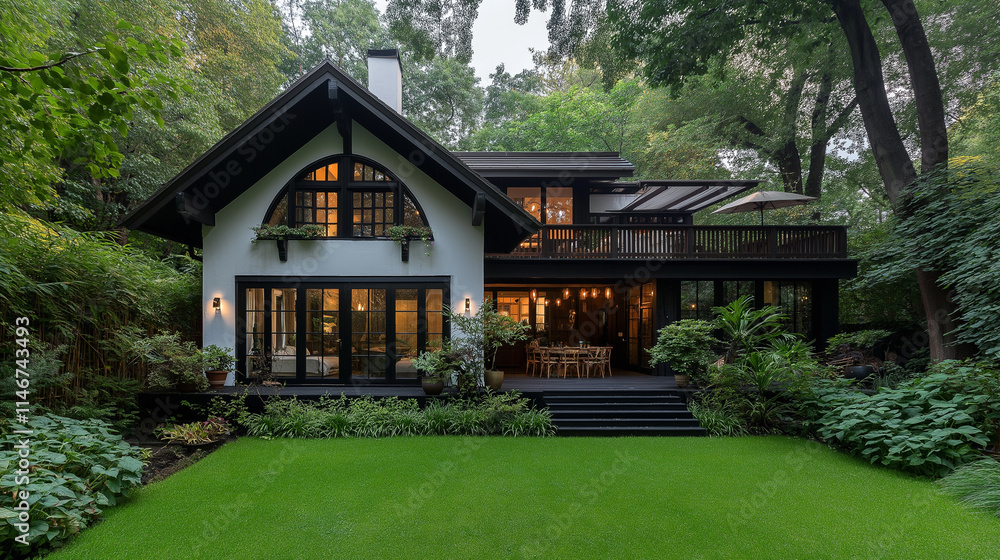 Modern Farmhouse Retreat: A picturesque white farmhouse nestled amidst lush greenery, exuding a sense of tranquility and modern elegance. The expansive lawn, expansive deck. Modern Farmhouse Retreat: A picturesque white farmhouse nestled amidst lush greenery, exuding a sense of tranquility and modern elegance. The expansive lawn, expansive deck.