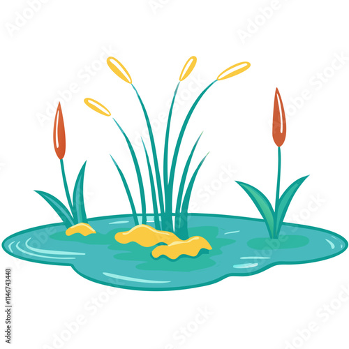  Vibrant Vector Illustration of Aquatic Pond Plants with Cattails and Yellow Algae