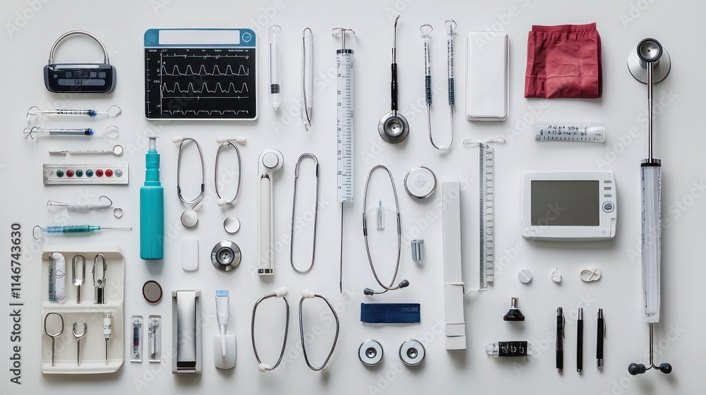 Set medical equipment placed against a clean white background for health services Set medical equipment placed against a clean white background for health services