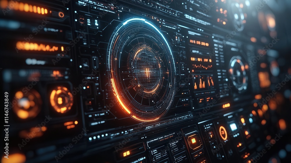 Futuristic digital interface with glowing elements and data displays. Futuristic digital interface with glowing elements and data displays.