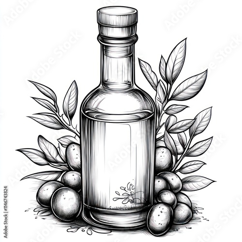 Hand-drawn illustration of olive oil bottle with olives and leaves. photo