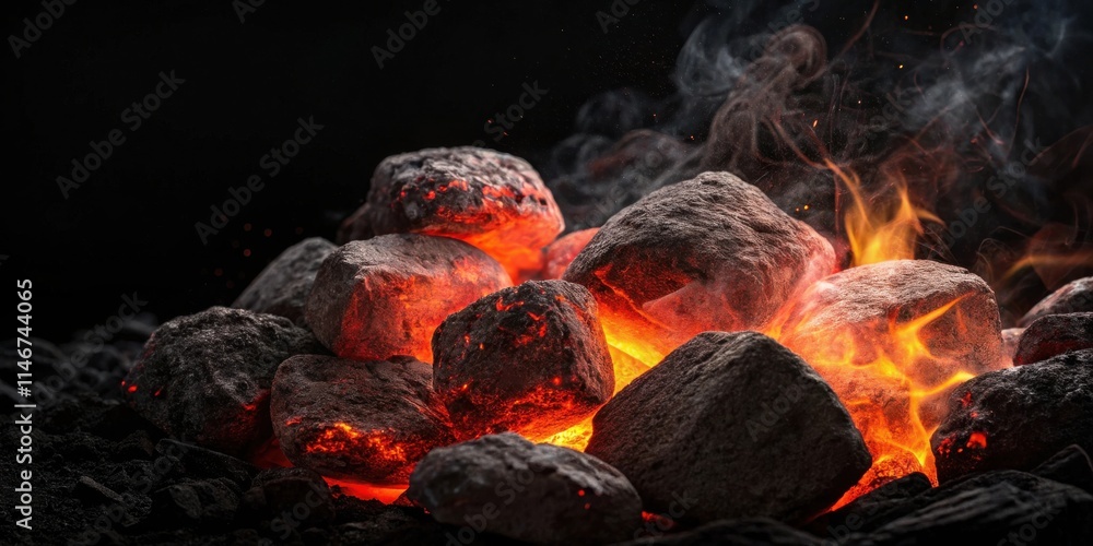Glowing Embers with Smoke and Flames, a Close-Up View of the Heat and Light of Burning Charcoal Glowing Embers with Smoke and Flames, a Close-Up View of the Heat and Light of Burning Charcoal