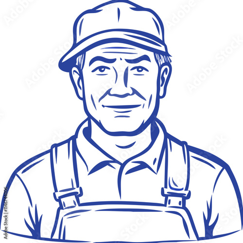  Vector Illustration Portrait of Smiling Male Worker in Cap and Overalls