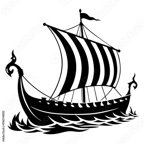  Viking Ship Silhouette with Striped Sail on Ocean Waves Vector Illustration