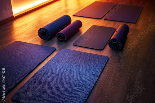 Set yoga mats laid out on a wooden floor with soft ambient lighting in a tranquil studio,