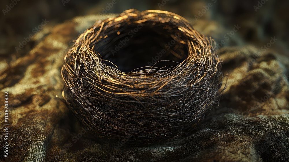 A Close-Up View of an Intricately Woven Bird Nest Made of Delicate Twigs and Natural Materials, Set Against a Soft, Earthy Background with Warm Lighting