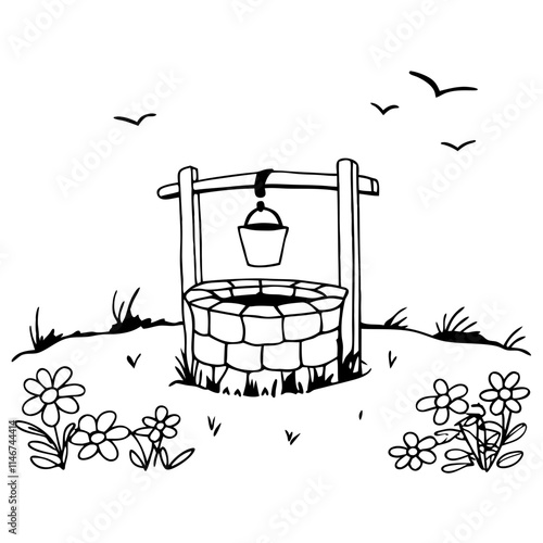  Rustic Stone Well with Bucket and Flowers in Countryside Vector Illustration