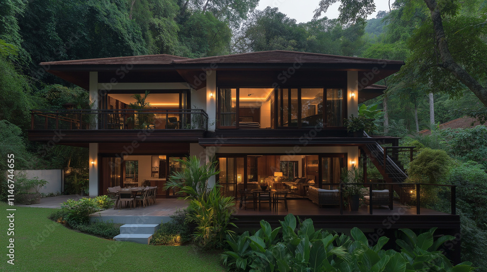 Secluded Tropical Villa: A serene, modern home nestled in lush tropical foliage, featuring a private deck and expansive windows offering breathtaking views of the surrounding nature.