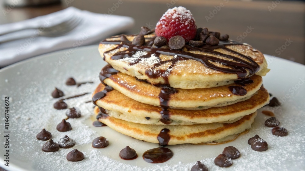 A Stack of Chocolate Chip Pancakes Drizzled with Chocolate Sauce and Topped with a Fresh Raspberry, Decorated with Powdered Sugar and Chocolate Chips A Stack of Chocolate Chip Pancakes Drizzled with Chocolate Sauce and Topped with a Fresh Raspberry, Decorated with Powdered Sugar and Chocolate Chips