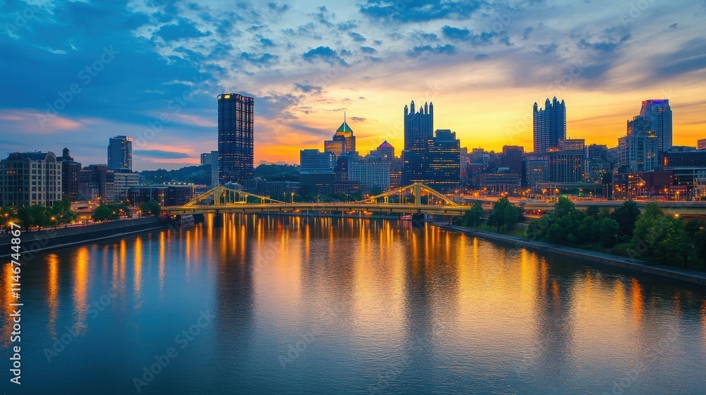 Naklejka premium pittsburgh skyline at sunset with golden bridge reflection