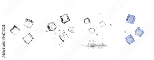 A high-quality image of multiple and different directions of flying ice cubes splashing in water. The ice cubes should be scattered across the image, surrounded by dynamic water splashes.