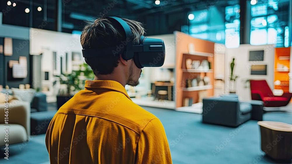 Man using VR headset, exploring virtual interior design showroom. Man using VR headset, exploring virtual interior design showroom.