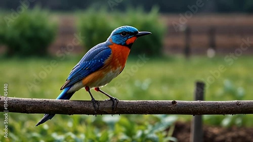 Vibrant blue kingfisher bird perched on a branch, showcasing its striking plumage and natural grace in a lush green environment, symbolizing the beauty of wildlife. photo