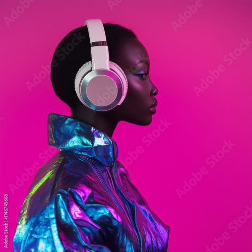 Peaceful black lady with wireless headphones lost in music, woman wearing hoodie and sunglasses, posing on neon pink and blue gradient background, side view, free space photo