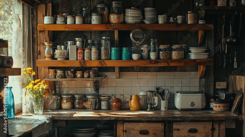 Rustic Kitchen Shelves Filled with Jars, Dishes, and Flowers in a Cozy and Warm Environment, Perfect for Home Decor and Culinary Inspiration Rustic Kitchen Shelves Filled with Jars, Dishes, and Flowers in a Cozy and Warm Environment, Perfect for Home Decor and Culinary Inspiration
