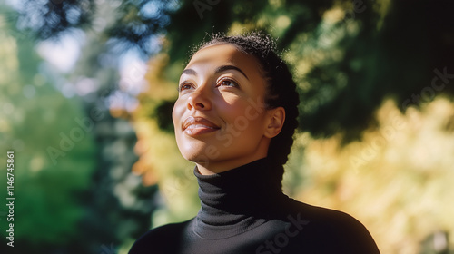 a close-up portrait of an attractive mixed-race woman in her early thirties, wearing a black turtleneck to mid lacey braid hair, smiling softly at someone off frame behind her, in front of a sunny gar
