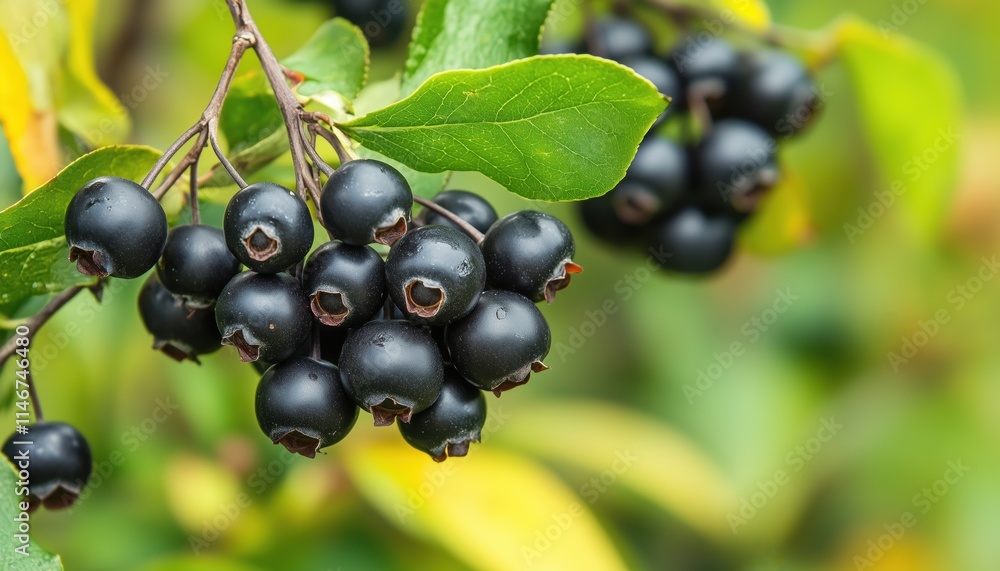 Aronia Berries Grown In The Garden: Branch Laden With Aronia Berries From The Aronia Melanocarpa Plant, Also Known As Black Chokeberry. Aronia Berries Grown In The Garden: Branch Laden With Aronia Berries From The Aronia Melanocarpa Plant, Also Known As Black Chokeberry.