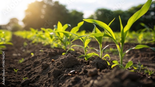 Close-up of vibrant green seedlings emerging from the fertile soil in a cultivated field, bathed in the warm glow of the setting sun.