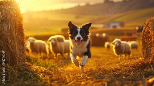 Energetic Border Collie puppy joyfully herding sheep on a picturesque farm at sunset
