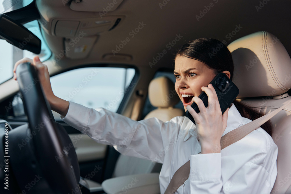 Woman driving car while talking on cell phone, one hand on steering wheel and the other holding phone, illustrating distracted driving and the potential dangers of multitasking on the road Woman driving car while talking on cell phone, one hand on steering wheel and the other holding phone, illustrating distracted driving and the potential dangers of multitasking on the road