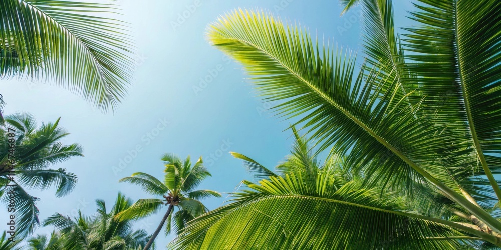 A vibrant blue sky peeks through lush palm fronds, showcasing the beauty of a tropical paradise A vibrant blue sky peeks through lush palm fronds, showcasing the beauty of a tropical paradise