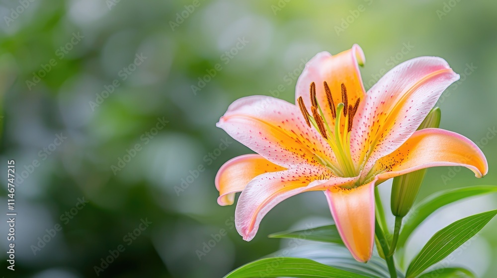 Fototapeta premium Close-up of a peach and white lily flower with blurred green background.