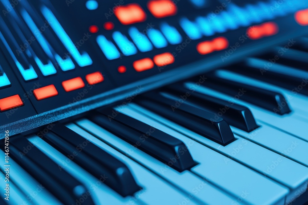 voice modulation dynamics Concept. Close-up of a synthesizer keyboard with blue and red lights. voice modulation dynamics Concept. Close-up of a synthesizer keyboard with blue and red lights.