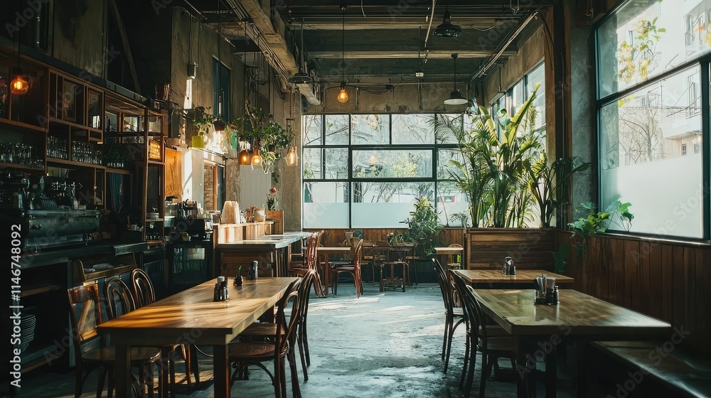 Cozy and Inviting Interior of a Modern Café with Wooden Tables, Natural Light, Plants, and a Warm Atmosphere for Socializing and Relaxation Cozy and Inviting Interior of a Modern Café with Wooden Tables, Natural Light, Plants, and a Warm Atmosphere for Socializing and Relaxation
