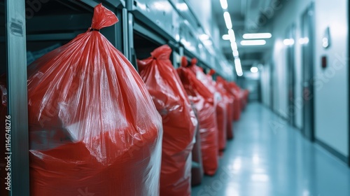 nfectious waste must be disposed of in the trash bag and red.Waste infections in hospitals.photo boxes at the hospital. shows a lot of medical waste.infectious wastes in red bag photo