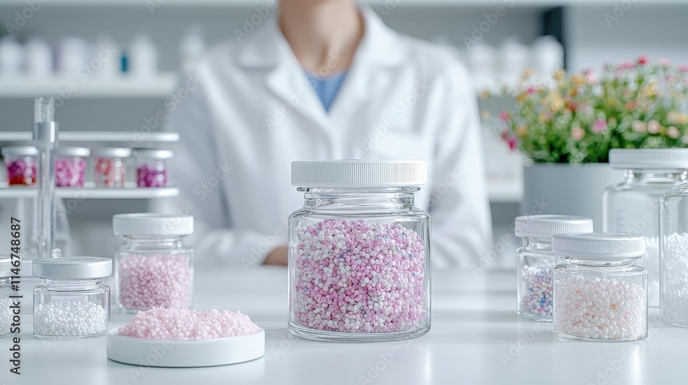 Scientist in lab with colorful granules. Scientist in lab with colorful granules.