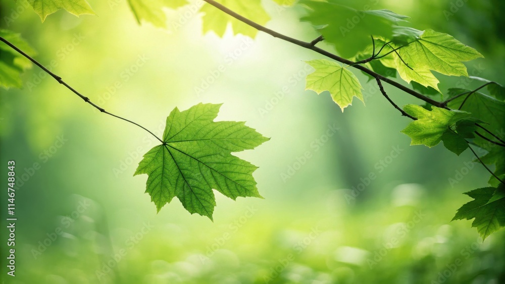 Single Maple Leaf Illuminated by Sunlight on a Branch with a Soft Green Bokeh Background Single Maple Leaf Illuminated by Sunlight on a Branch with a Soft Green Bokeh Background