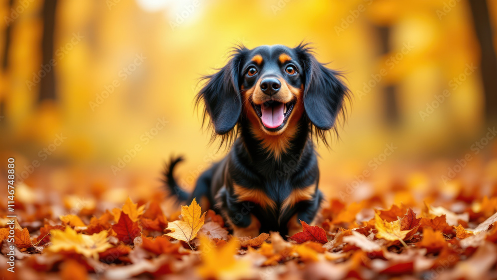 A happy long-haired dachshund sitting on fallen autumn leaves with trees in the background. A happy long-haired dachshund sitting on fallen autumn leaves with trees in the background.