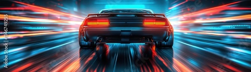 Wallpaper Mural Dynamic Night Scene with a Retro Sports Car in Motion, Showcasing Vibrant Light Trails and Neon Colors for a Futuristic Urban Aesthetic Torontodigital.ca