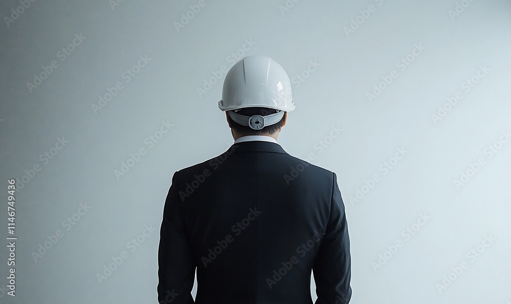 A person in a suit and safety helmet, facing away against a plain background. A person in a suit and safety helmet, facing away against a plain background.