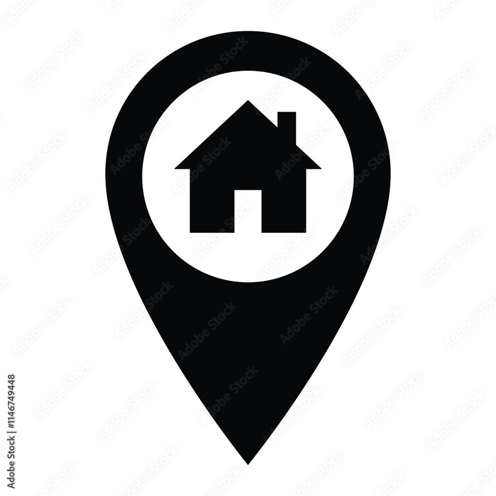 Map pointer with house vector icon. Home map pin symbol for location, real estate, and address design. Black pictogram isolated on white background. Map pointer with house vector icon. Home map pin symbol for location, real estate, and address design. Black pictogram isolated on white background.