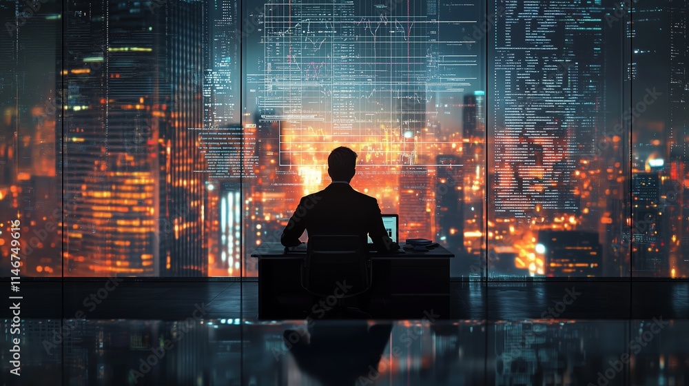 Silhouette of a Business Professional Overlooking a Vibrant Cityscape at Night with Digital Data Overlay and Futuristic Elements in an Urban Environment Silhouette of a Business Professional Overlooking a Vibrant Cityscape at Night with Digital Data Overlay and Futuristic Elements in an Urban Environment