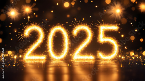 2025 light text on lights and fireworks Bokeh background, New year celebration poster illustration.