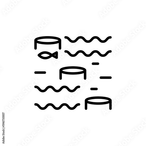 Floating farm line icon. Fish farming industry polyester ponds. Marine agriculture enclosure. Underwater ocean farms technology equipment vector illustration.